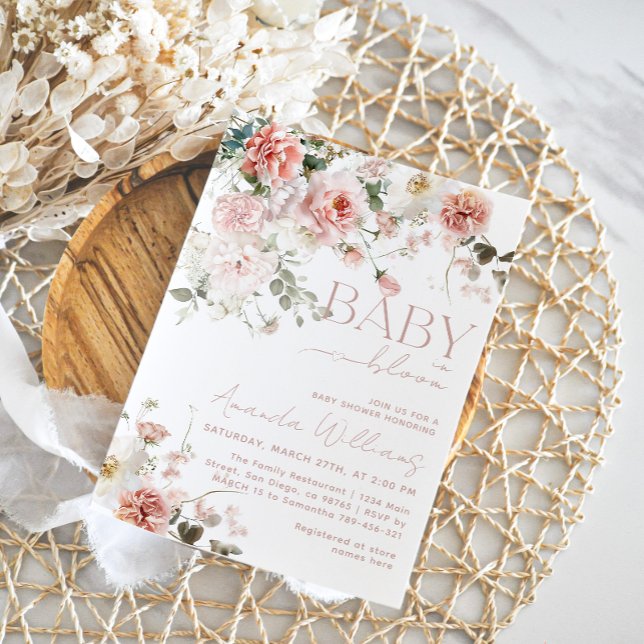 Convite Bebê em Blogue Flor Rosa Chá de fraldas (Criador carregado)