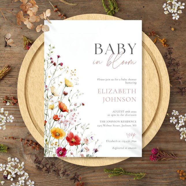Convite Bebê Em Blogue Flores Flóridas Chá de fraldas (Baby In Bloom Wildflowers Floral Baby Shower Invitation)