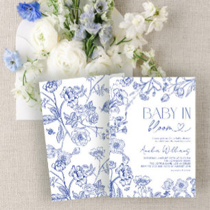 Convite Bebê Em Blogue Vintage Chá de fraldas Azul Floral