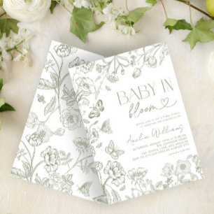 Convite Bebê Em Blogue Vintage Floral Sage Chá Verde