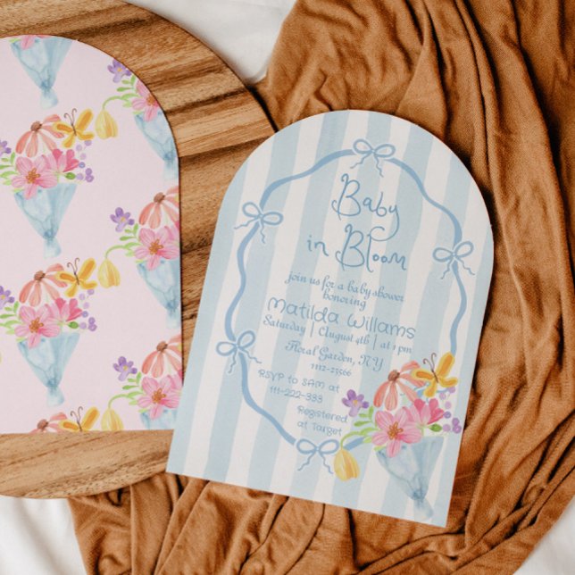 Convite Bebê em Bloom Azul Whimsical e Chá de fraldas rosa (Criador carregado)