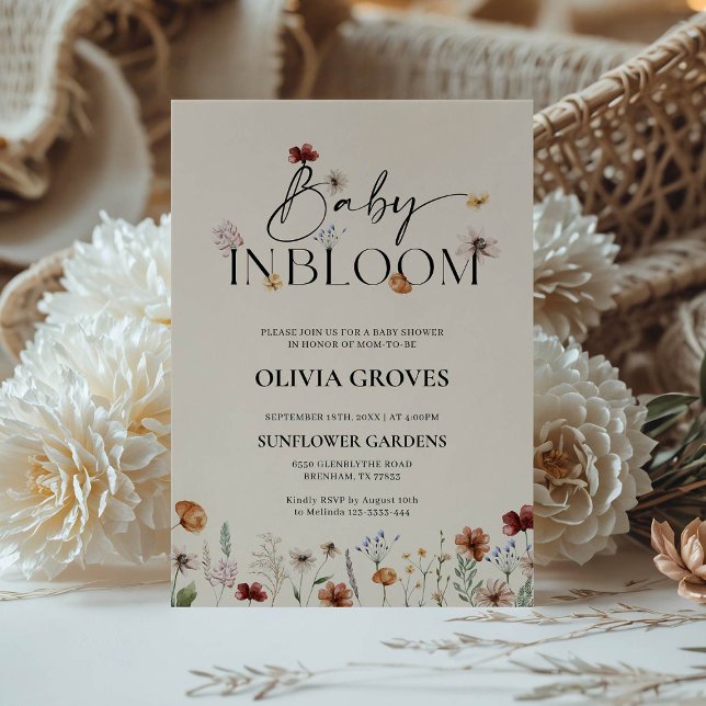 Convite Bebê em Bloom Beige Chá de fraldas de flor selvage (Criador carregado)