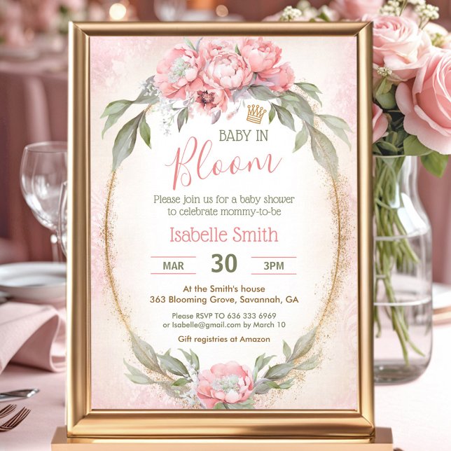 Convite Bebê Em Bloom Chá de fraldas De Menina Rosa Elegan (Baby In Bloom Floral Elegant Pink Girl Baby Shower Invitation)