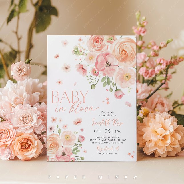 Convite Bebê em Bloom Chá de fraldas Floral Rosa (Baby in Bloom Floral Baby Shower Invitation)