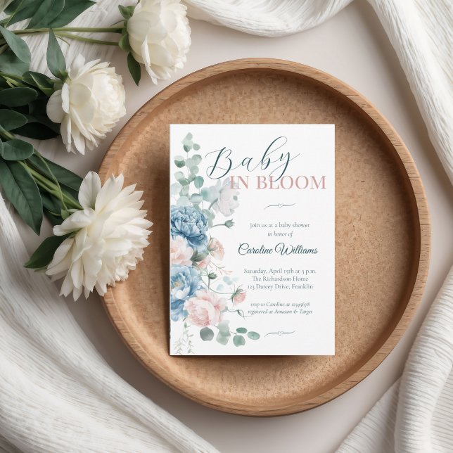 Convite Bebê em Bloom Dusty Chá de fraldas Azul (Criador carregado)