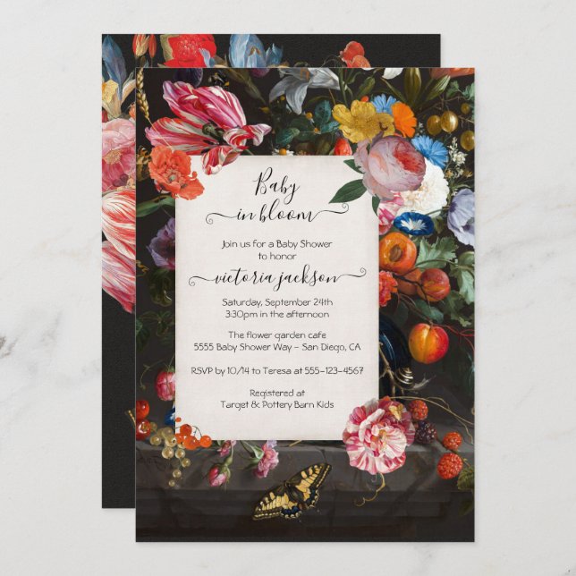 Convite Bebê em Bloom Elegante Chá de fraldas Floral (Frente/Verso)