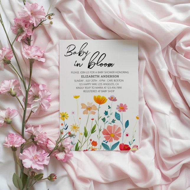 Convite Bebê em Bloom Floral Chá de fraldas - Flores elega (Criador carregado)