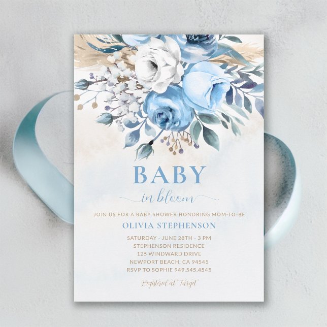 Convite Bebê em Bloom Rosas Azuis Elegantes Chá de fraldas (baby in bloom shower invitation dusty blue roses watercolor garden backyard rustic spring summer)