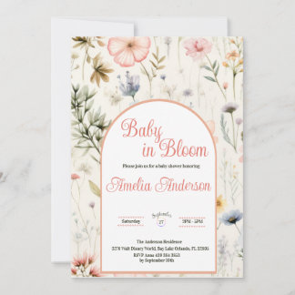 Convite Bebê em Bloom Watercolor Chá Floral de Flor Selvag
