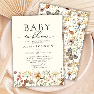 Convite Bebê em Bloom Wildflower Boho Beige Chá de fraldas