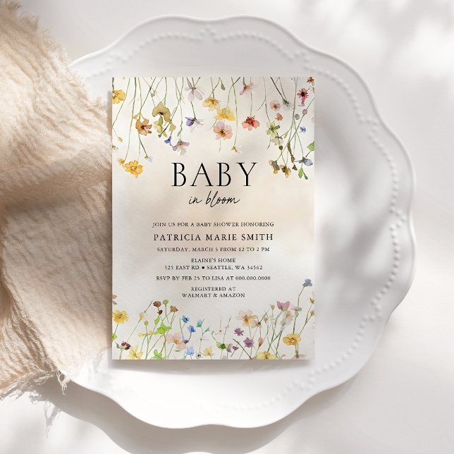 Convite Bebê em Bloomia Flores Selvagens Chá de fraldas (Baby in Bloom Wildflowers Baby Girl Baby Shower Invitation)