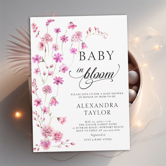Convite Bebê em Bloomia Flores Selvagens Roteiro Chá (baby in bloom wildflowers baby shower invitation pink watercolor cottage garden cute sweet boho chic)