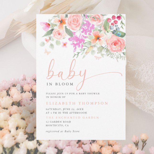 Convite Bebê em Bloomny Garden Floral Chá de fraldas (baby in bloom invitation colorful floral elegant modern calligraphy sunny garden party backyard)