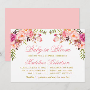 Convite Bebê Em Bloqueio Aquarela Chá Floral Rosa