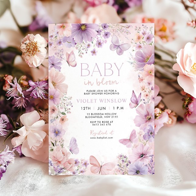 Convite Bebê em borboleta Chá de fraldas borboleta Floral  (Pink Purple Baby in Bloom Baby Shower Invitation with flowers and butterflies)