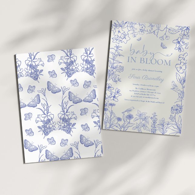 Convite Bebê em Chá de fraldas de Chinoiserie no Jardim Az (Baby In Bloom Cobalt Blue Whimsical Chinoiserie Floral Baby Shower Invitation
)