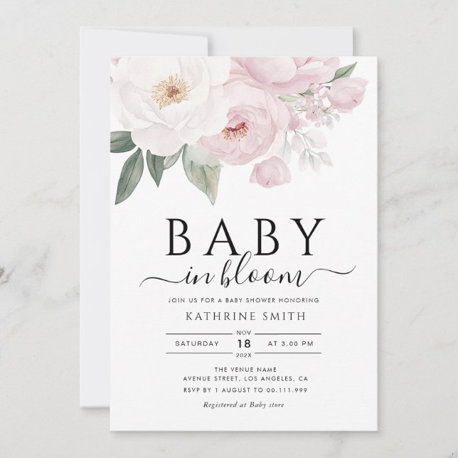 Convite bebê em chá de fraldas floral cor-de-rosa (Frente)