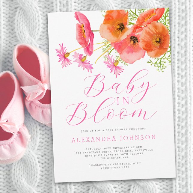 Convite Bebê em Flor Água-tinta Laranja Rosa Floral (Elegant baby in bloom watercolor wildflower pink & orange floral girl baby shower invitation )