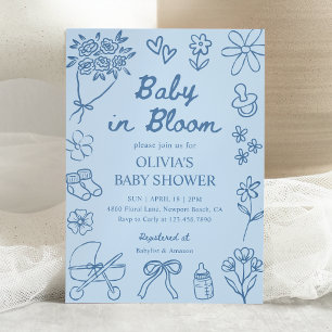 Convite Bebê em Flor Azul Desenhado à Mão Chuvinha de Amor