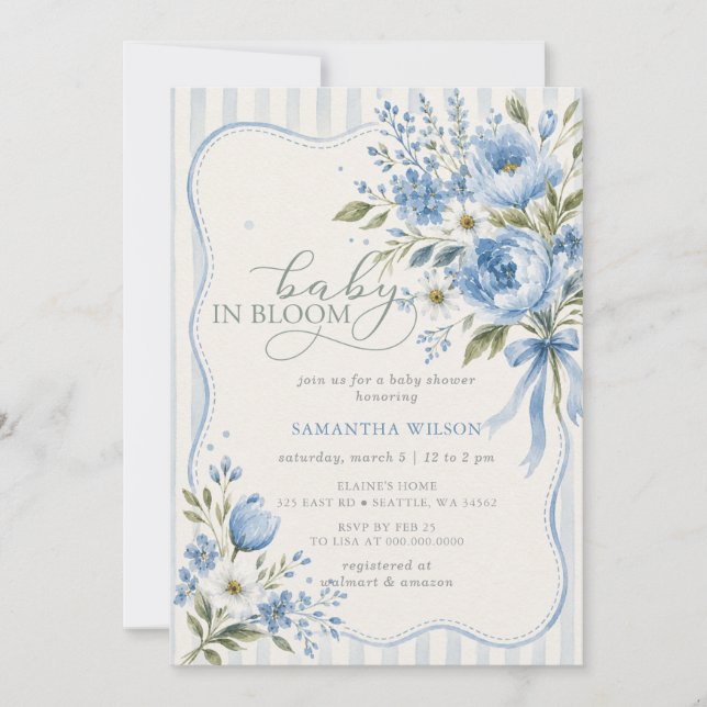 Convite Bebê em Flor azul laço Menino Chuveiro de Bebê Flo (Frente)