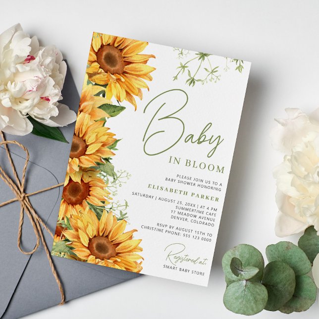 Convite Bebê em flor de girassol elegante chá de bebê (Criador carregado)
