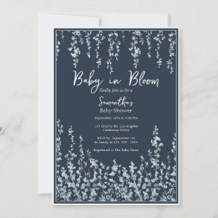 Convite Bebê em Flor Escuro Azul Flor Silvestre Chuvada de