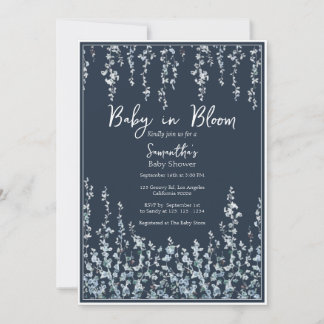 Convite Bebê em Flor Escuro Azul Flor Silvestre Chuvada de