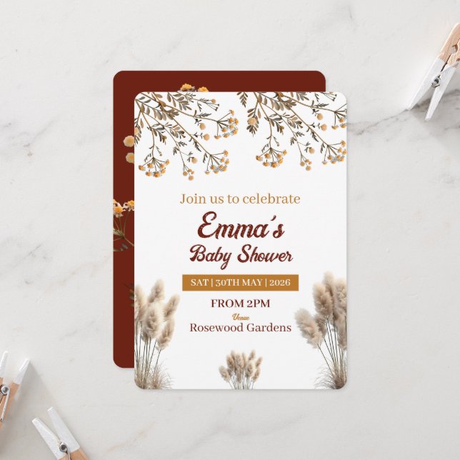 Convite Bebê em Flor Flor Silvestre Pampas Boho Chá de Beb (Frente/Verso In Situ)