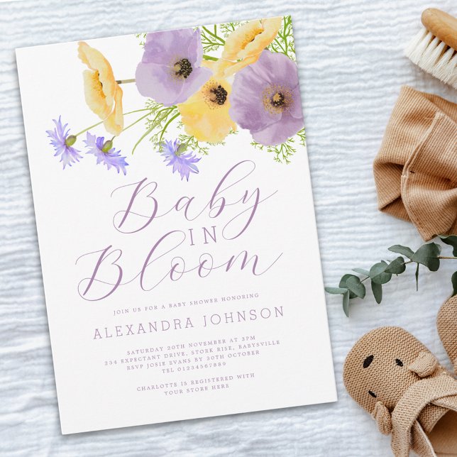 Convite Bebê em Flor Floral de Primavera em Aquarela (Wildflower baby in bloom gender neutral baby shower invitation Watercolor purple & Yellow flowers)