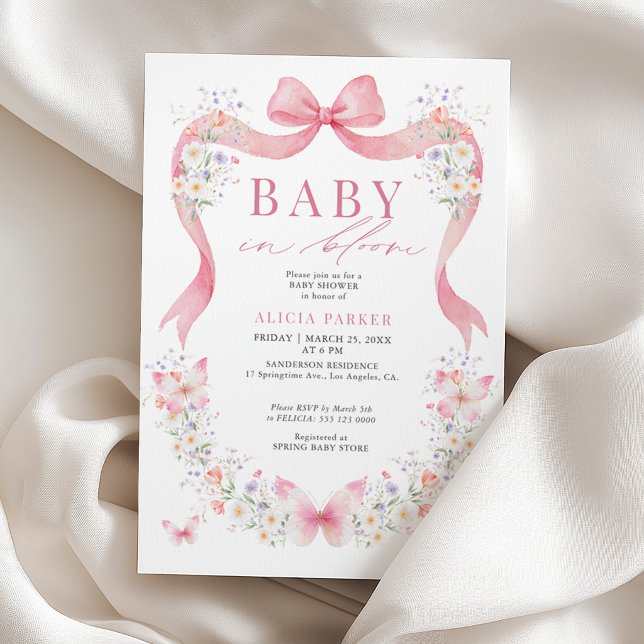 Convite Bebê em flor laço rosa chuva de flores menina baby (Criador carregado)