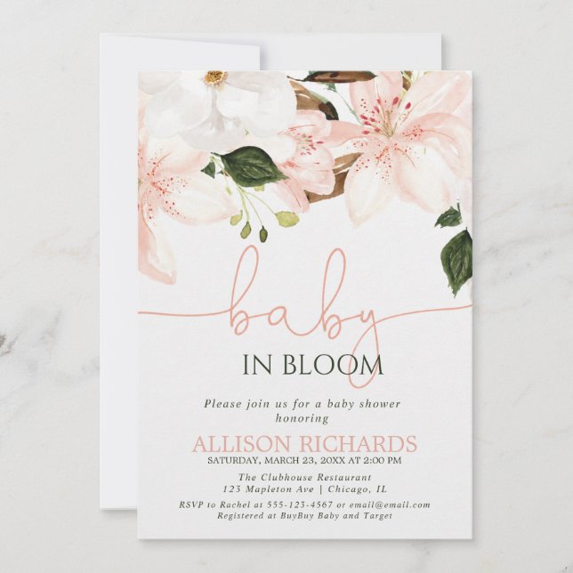 Convite Bebê em flor lilases florais menina chá de bebê (Frente)
