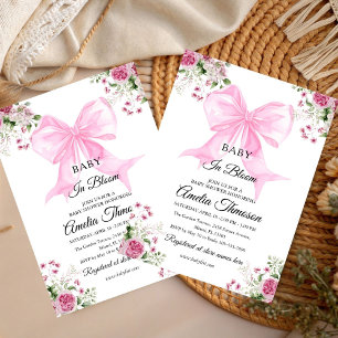 Convite Bebê em Flor linda menina Floral Laço Rosa aquarel