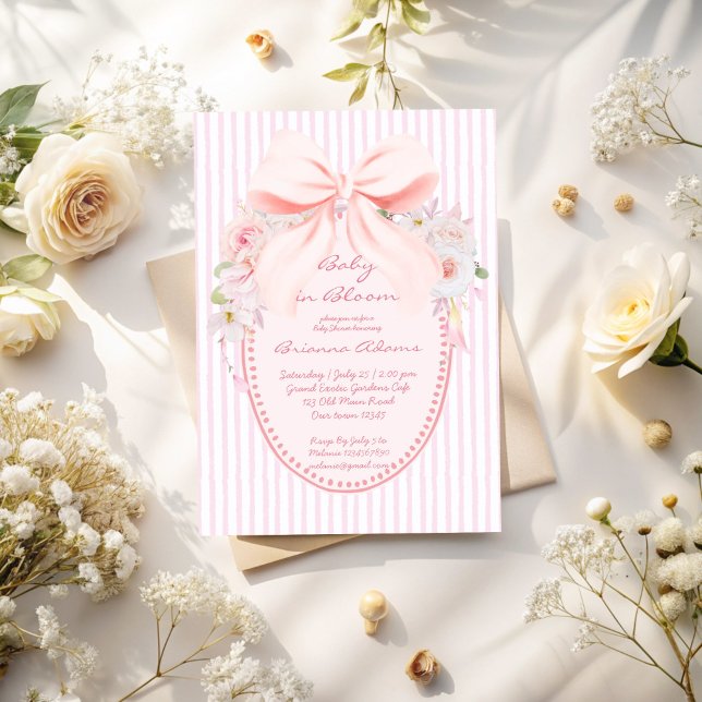 Convite Bebê em flor retro préppy arco de chá de bebê (Baby in bloom retro pink stripes preppy bow girls baby shower invitation cards template)