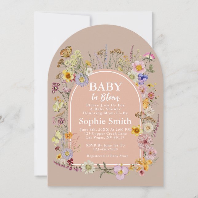 Convite Bebê Em Flor Selvagem Cor-De-Rosa (Frente)