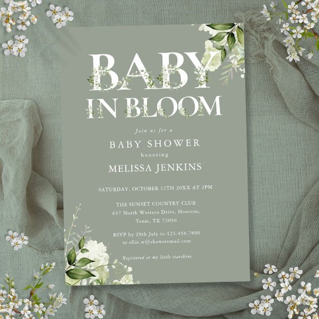 Convite Bebê em Flor Sugeira de Verdura Floral Baby Shower (Baby In Bloom Sage Greenery Floral Baby Shower Invitation)
