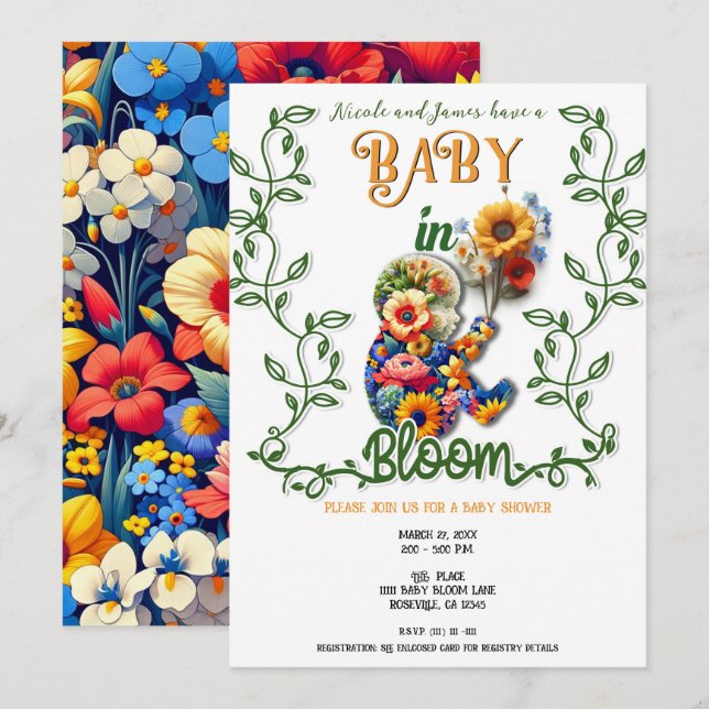 Convite Bebê em Flor Vine Floral Baby Shower (Frente/Verso)