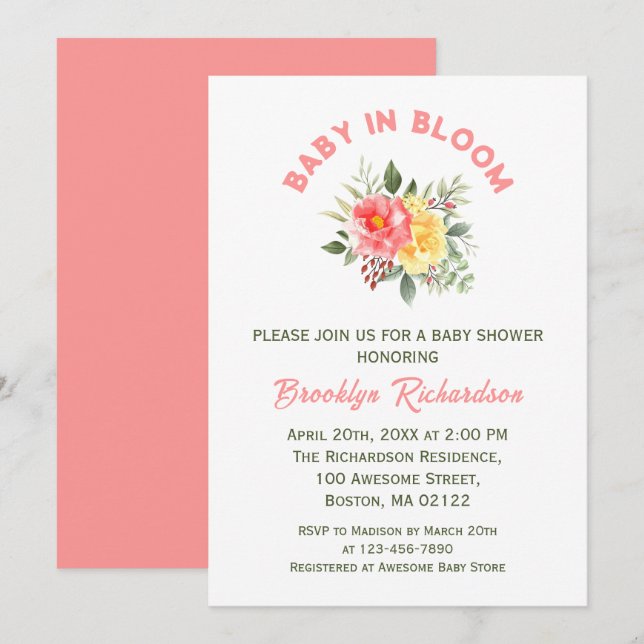 Convite Bebê Em Flores Florais De Sangue Chá de fraldas Bo (Frente/Verso)