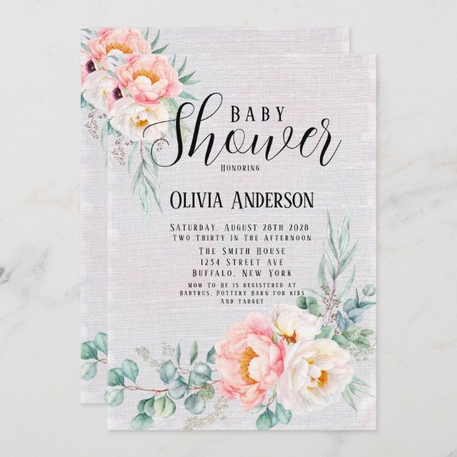 Convite Bebê em Pêssego Bloom e Chá de fraldas Verde (Frente/Verso)