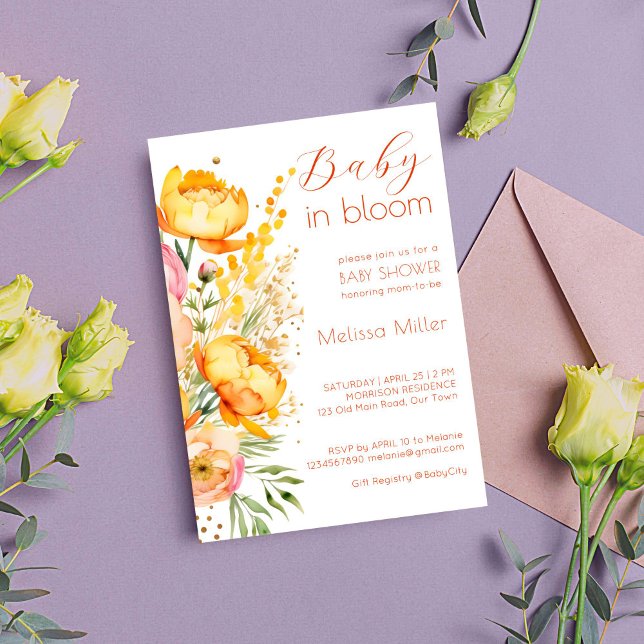 Convite Bebê em primavera de flores chá de fraldas de verã (Baby in bloom spring summer yellow flowers baby shower editable template invitation digital download)