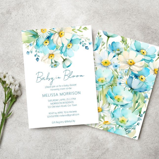 Convite Bebê em primavera de flores chá de fraldas de verã (Baby in bloom spring summer flowers baby shower template invitation digital download blue daisies)