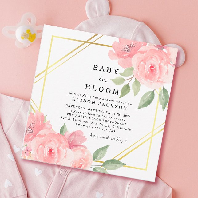 Convite Bebê em Sangue Blush Dourado Chá de fraldas Floral (Baby in Bloom Baby Shower Invitation)