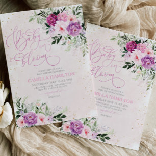 Convite Bebê Em Sangue Chá de fraldas Floral Rosa Púrpura