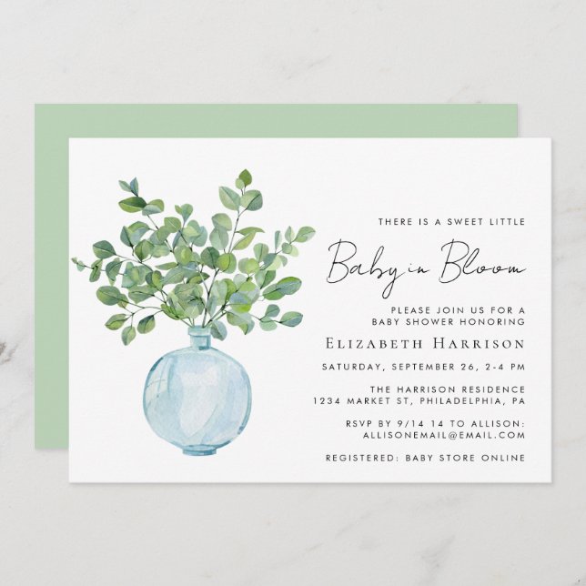 Convite Bebê em Sangue Eucalyptus Watercolor Chá (Frente/Verso)