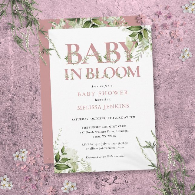 Convite Bebê Em Sangue Rosa Rosa Chá de fraldas Verde (Baby In Bloom Dusty Rose Pink Greenery Baby Shower Invitation)
