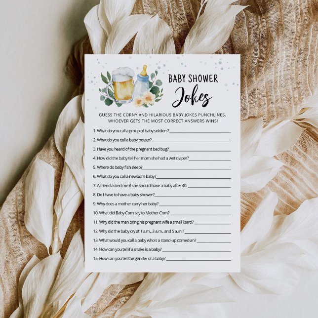 Convite Bebê está a caminho Jogo de piadas para chá de beb (Beer and Floral Baby is Brewing Baby Shower Jokes Game Card)