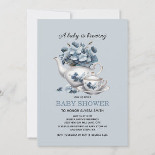 Convite Bebê está Cozinhando Azul Floral Bebê Menino