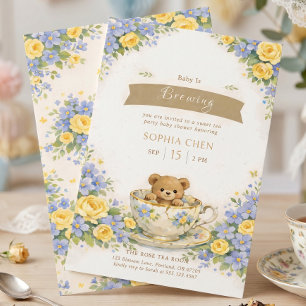 Convite Bebê está Cozinhando Urso Floral Azul Amarelo Capr