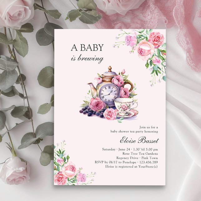 Convite Bebê está criando Chá de fraldas rosa do festival  (A Baby is brewing Baby Shower Invitation Vintage Tea Party Baby Shower Collection)