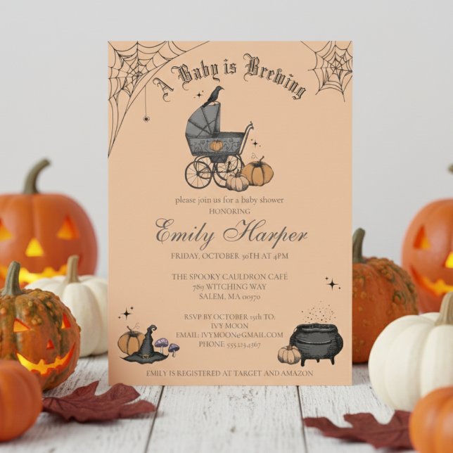 Convite Bebê está criando laranja Gênero Chá de fraldas ne (Spooky October Baby Shower Invitations. Orange Baby is Brewing Victorian Baby Carriage Black Raven)