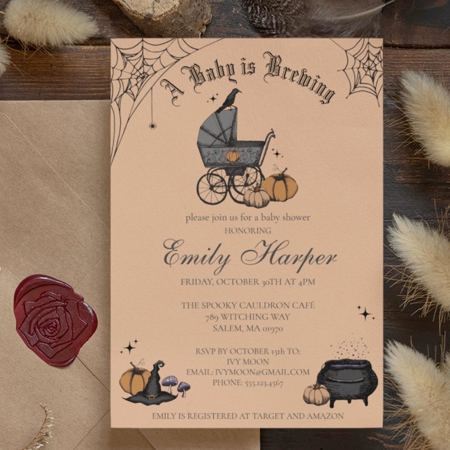 Convite Bebê está criando laranja Gênero Chá de fraldas ne (Gothic Halloween Baby Shower Invitation. Hand Drawn Vintage Baby Carriage, Raven, Witch Hat, Pumpkin)